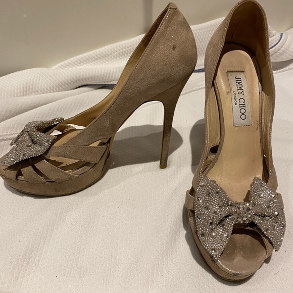 Jimmy Choo Suede Talva Crystal Embellished Bow Peep Toe Pumps - Picture 2 of 4